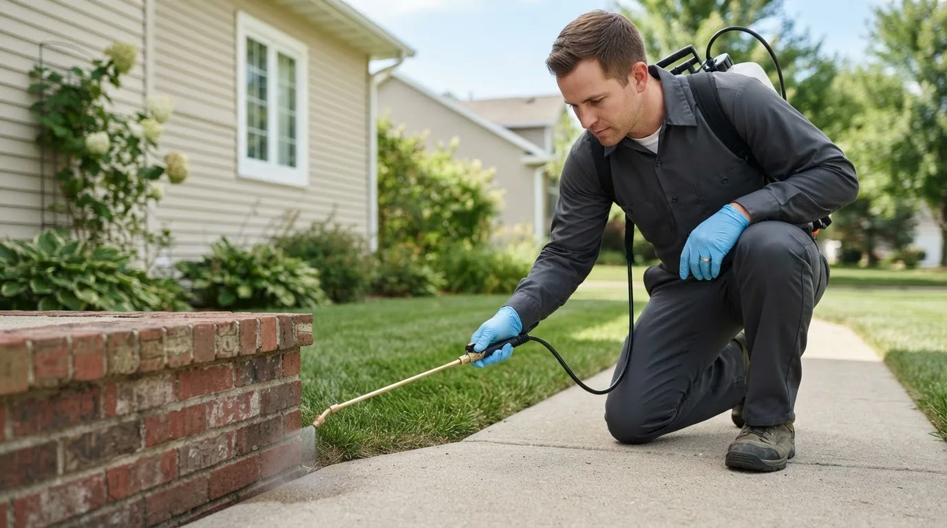Pest control technician treating a home near Windsor, ME
